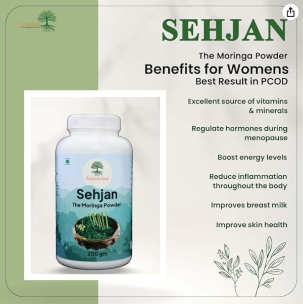 Entrenched Sehjan Moringa Leaf Powder | 100% Pure & Organic | Natural Energy Booster | Rich in Vitamins & Antioxidants | Supports Immunity & Overall Wellness – 200g - Image 3